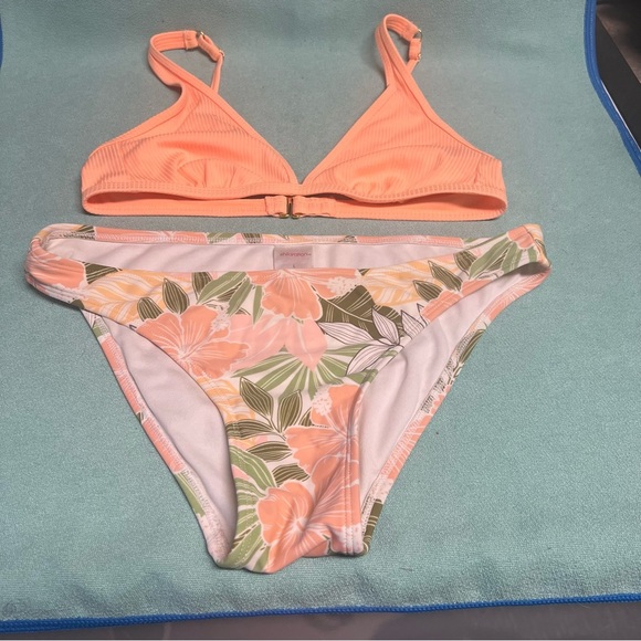 Xhileration Orange Bikini Set with Floral Bottoms adjustable straps triangle top - Picture 3 of 9